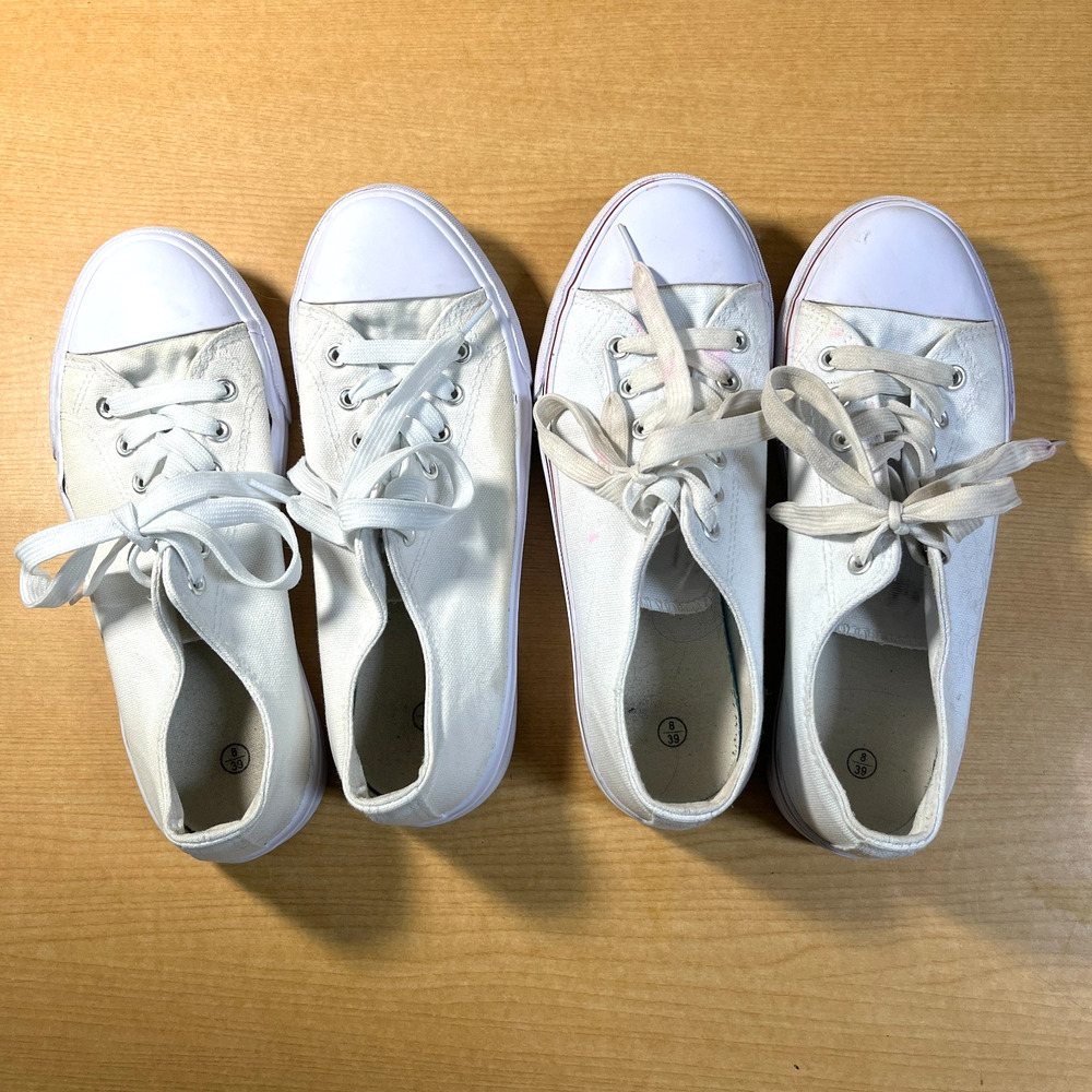 x2 Women's Size 8 White Flat Lace Up Canvas Fabric Sneakers pair